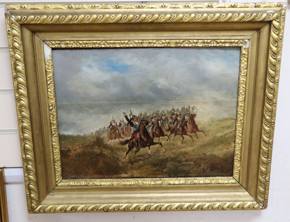 19th century French School, oil on panel, Cavalry charge, 34 x 43cm